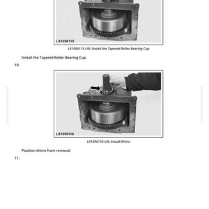 May include: Diagram of mechanical components with text labels. The image shows a metal housing with gears and a cylindrical component being installed. Text includes "Install the Tapered Roller Bearing Cup" and "Install Shims".