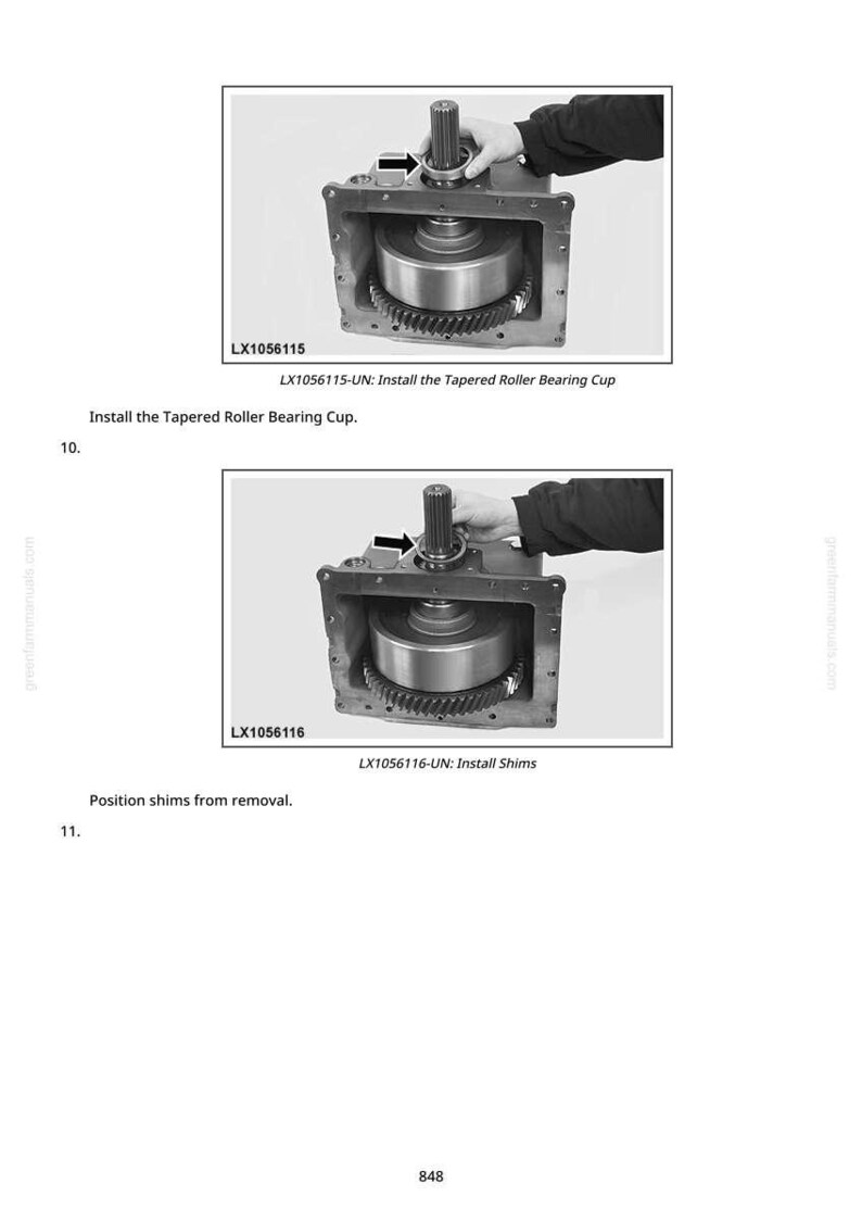 May include: Diagram of mechanical components with text labels. The image shows a metal housing with gears and a cylindrical component being installed. Text includes "Install the Tapered Roller Bearing Cup" and "Install Shims".