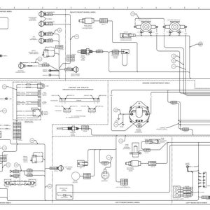Może przedstawiać: Szczeg&oacute;łowy czarno-biały schemat elektryczny pojazdu. Schemat zawiera r&oacute;żne komponenty, okablowanie i etykiety, z sekcjami dla obszar&oacute;w przednich i tylnych oraz komory silnika.
