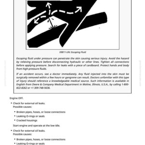 May include: A safety diagram with a black silhouette of a hand with arrows indicating escaping fluid. The text warns of the dangers of high-pressure fluids and provides safety instructions. Includes a list of possible causes for oil leaks.