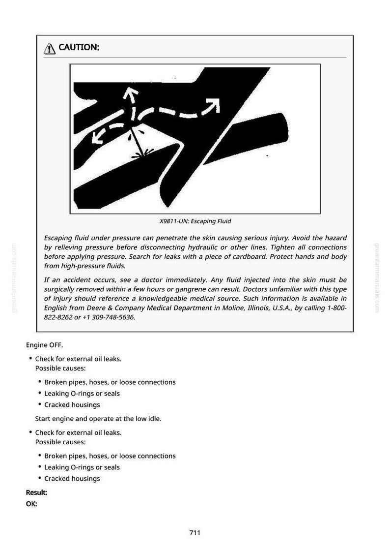 May include: A safety diagram with a black silhouette of a hand with arrows indicating escaping fluid. The text warns of the dangers of high-pressure fluids and provides safety instructions. Includes a list of possible causes for oil leaks.