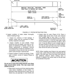 May include: Diagram of a piston retraction tool with measurements in inches and centimeters. The tool is made of steel and is used for inspecting brake calipers and discs. Includes a caution about dust shields.
