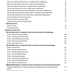 May include: A white printed page from a manual with a list of specifications, identification numbers, and operational checks. The page includes a table of contents with various technical terms and diagnostic trouble codes.