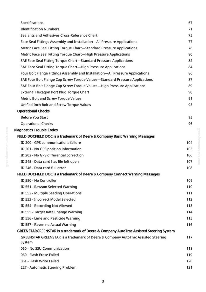 May include: A white printed page from a manual with a list of specifications, identification numbers, and operational checks. The page includes a table of contents with various technical terms and diagnostic trouble codes.