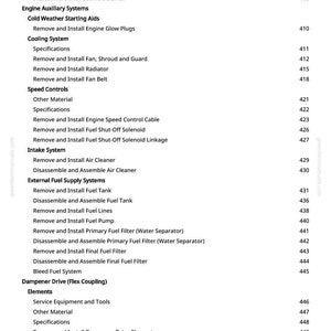 May include: A page from a greenfarmmanuals.com manual, listing engine repair procedures. The text includes sections on cooling, fuel supply, and electrical systems, with corresponding page numbers.
