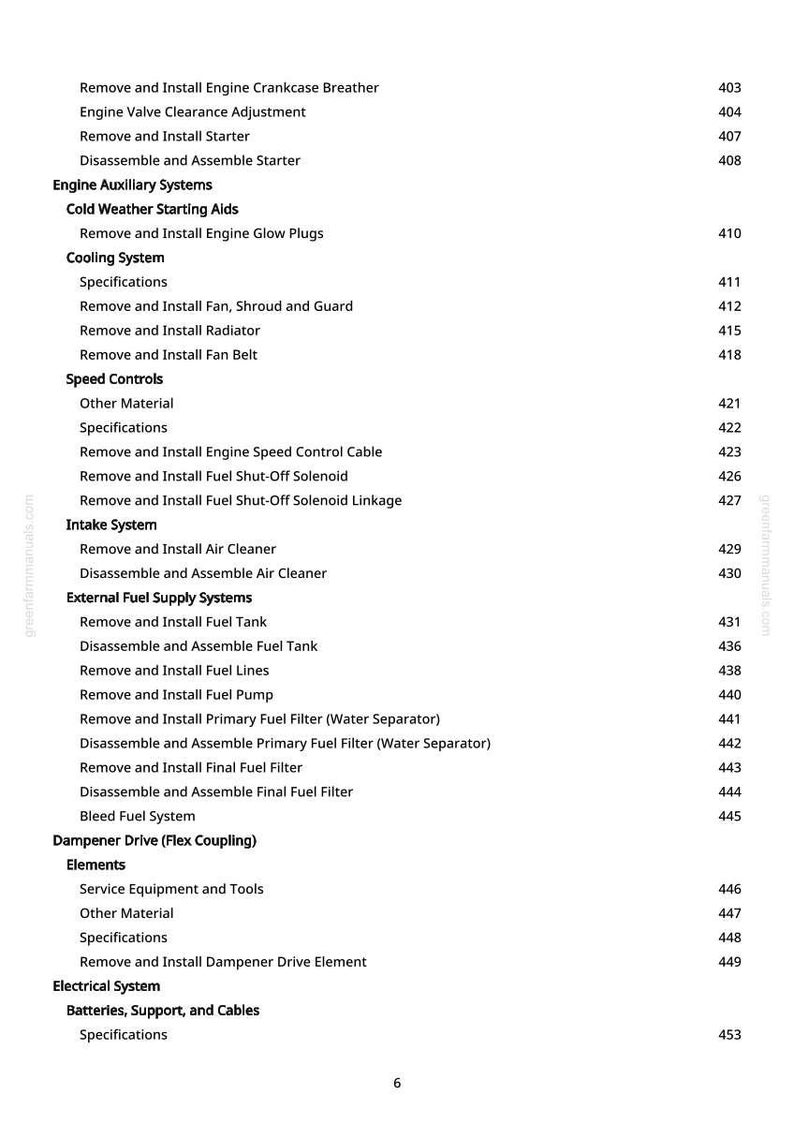 May include: A page from a greenfarmmanuals.com manual, listing engine repair procedures. The text includes sections on cooling, fuel supply, and electrical systems, with corresponding page numbers.