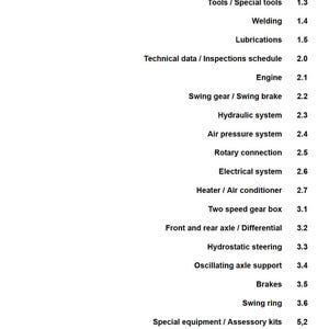 May include: A service manual page with a table of contents. The headings include topics like "Engine", "Hydraulic system", and "Brakes". The Liebherr logo is at the bottom.