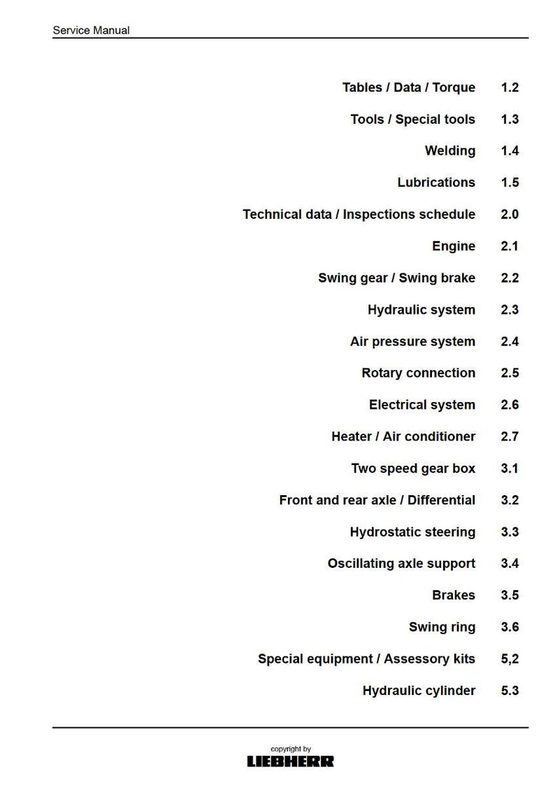 May include: A service manual page with a table of contents. The headings include topics like "Engine", "Hydraulic system", and "Brakes". The Liebherr logo is at the bottom.