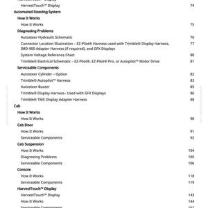 May include: A white printed page from a manual, featuring a table of contents with various headings and subheadings. The text includes terms like "HarvestTouch Display" and "Automated Steering System."
