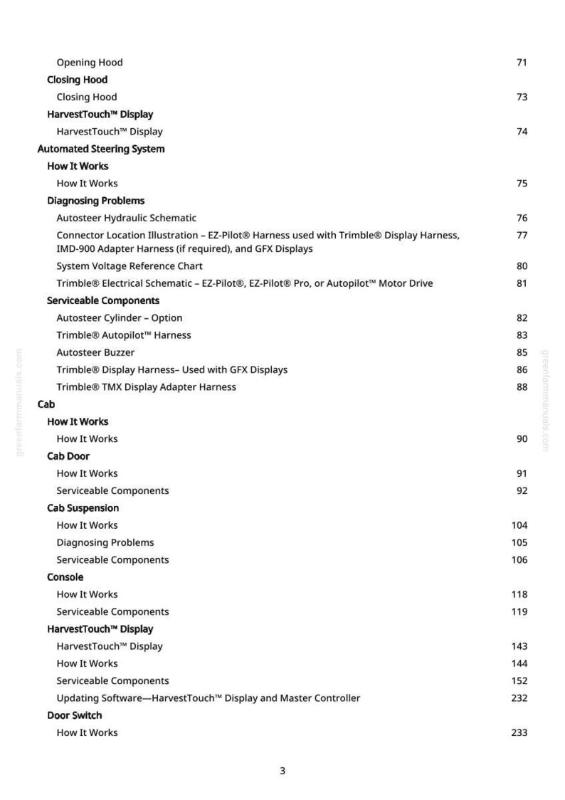 May include: A white printed page from a manual, featuring a table of contents with various headings and subheadings. The text includes terms like "HarvestTouch Display" and "Automated Steering System."