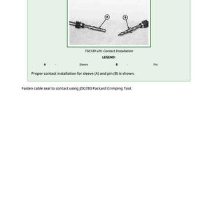 K&ouml;nnte beinhalten: Diagramm zur Kontaktinstallation, beschriftet mit TS0139-UN. Das Bild zeigt eine H&uuml;lse (A) und einen Stift (B) mit Pfeilen, die die korrekte Kontaktinstallation anzeigen. Der Text darunter besagt, dass die Kabeldichtung mit dem Crimpwerkzeug Packard JDG783 befestigt werden soll.