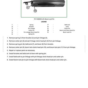 May include: Diagram of a boom lock pin assembly, including a spring, bracket, and various pins. The image includes a legend with numbered parts and instructions for assembly and disassembly. The text "TX1135803A-UN: Boom Lock Pin" is visible.