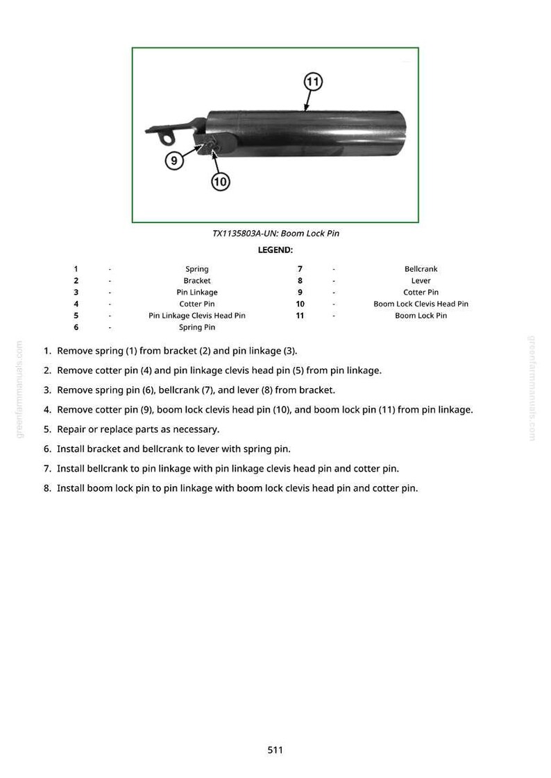 May include: Diagram of a boom lock pin assembly, including a spring, bracket, and various pins. The image includes a legend with numbered parts and instructions for assembly and disassembly. The text "TX1135803A-UN: Boom Lock Pin" is visible.