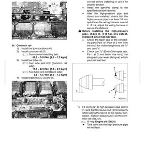 May include: Diagram from a manual showing the disassembly and assembly of engine components. Includes illustrations of fuel tubes, brackets, and high-pressure pipes with torque specifications in Newton meters and kilogram-meters.