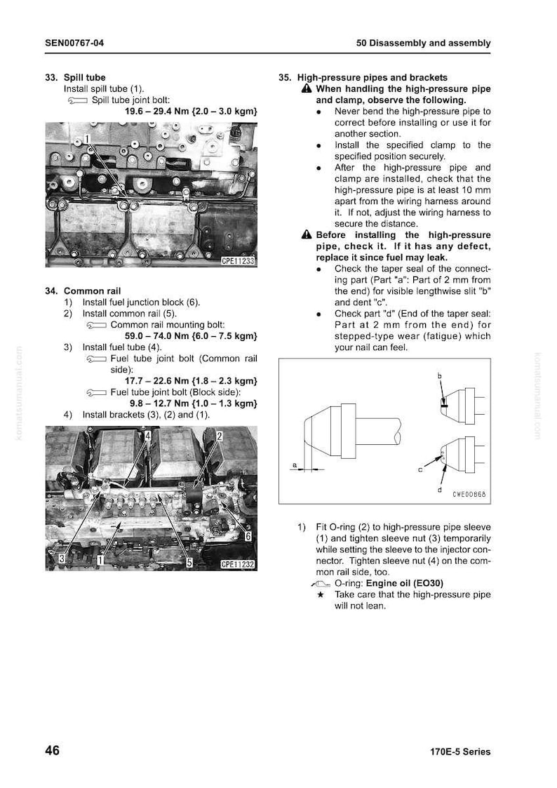 May include: Diagram from a manual showing the disassembly and assembly of engine components. Includes illustrations of fuel tubes, brackets, and high-pressure pipes with torque specifications in Newton meters and kilogram-meters.