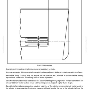 May include: Technical diagram of a tractor driveline with measurements. The image includes the text "H96219-UN: Drivelines" and safety instructions. The diagram is a black and white technical illustration.