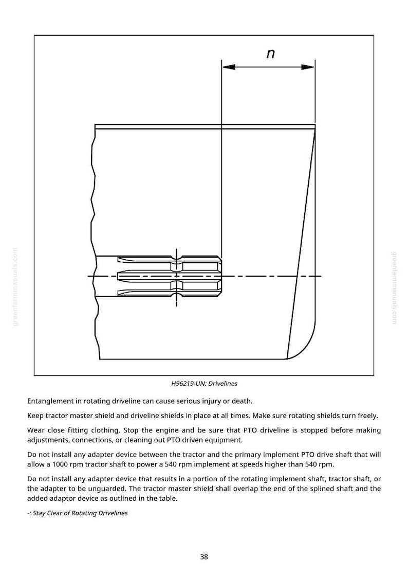 May include: Technical diagram of a tractor driveline with measurements. The image includes the text "H96219-UN: Drivelines" and safety instructions. The diagram is a black and white technical illustration.