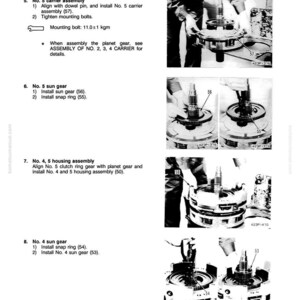 May include: Black and white technical diagram illustrating the disassembly and assembly of a transmission. The diagram includes numbered steps, part labels, and close-up images of the components. Text includes "DISASSEMBLY AND ASSEMBLY" and "TRANSMISSION".