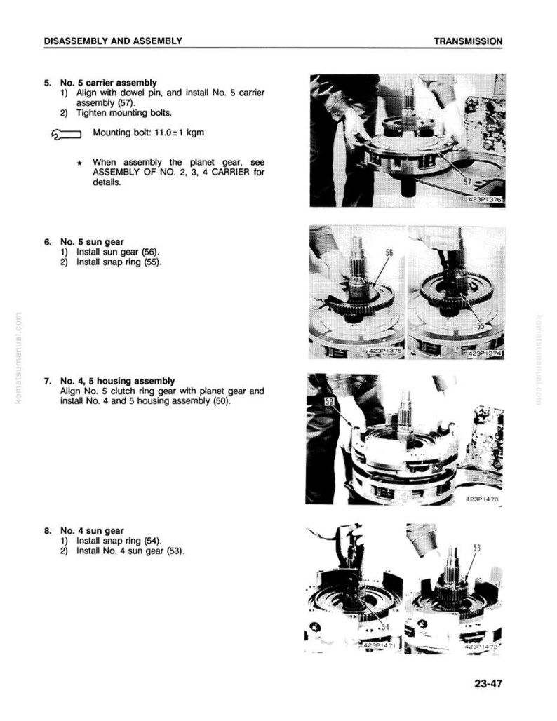 May include: Black and white technical diagram illustrating the disassembly and assembly of a transmission. The diagram includes numbered steps, part labels, and close-up images of the components. Text includes "DISASSEMBLY AND ASSEMBLY" and "TRANSMISSION".