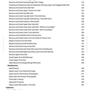 K&ouml;nnte beinhalten: Ein detailliertes Inhaltsverzeichnis aus einem Handbuch, das Verfahren zur Wartung von Landmaschinen auflistet. Der Text enth&auml;lt Anweisungen zum Aus- und Einbau sowie zur Einstellung verschiedener Komponenten wie Rollen, Lager und Schaber. Die Seitenzahlen sind rechts.