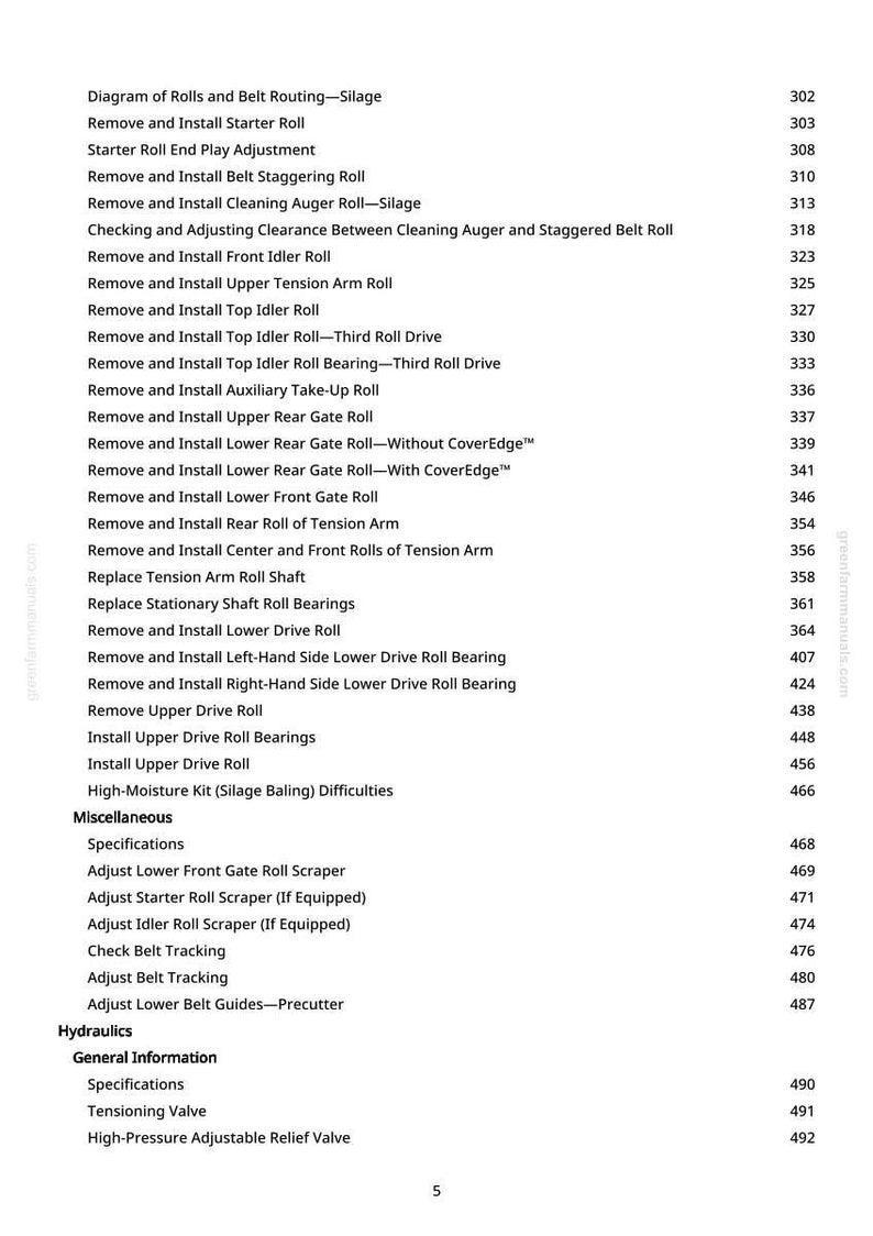 K&ouml;nnte beinhalten: Ein detailliertes Inhaltsverzeichnis aus einem Handbuch, das Verfahren zur Wartung von Landmaschinen auflistet. Der Text enth&auml;lt Anweisungen zum Aus- und Einbau sowie zur Einstellung verschiedener Komponenten wie Rollen, Lager und Schaber. Die Seitenzahlen sind rechts.