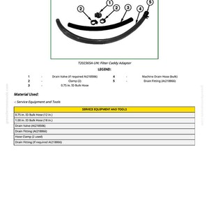 May include: Image of a DFT1246 Oil Filter Caddy Adapter. The image includes a diagram of the adapter with labeled parts: drain valve, clamp, and hoses. Text on the image reads "Service Equipment and Tools."