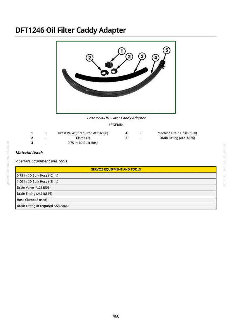 May include: Image of a DFT1246 Oil Filter Caddy Adapter. The image includes a diagram of the adapter with labeled parts: drain valve, clamp, and hoses. Text on the image reads "Service Equipment and Tools."