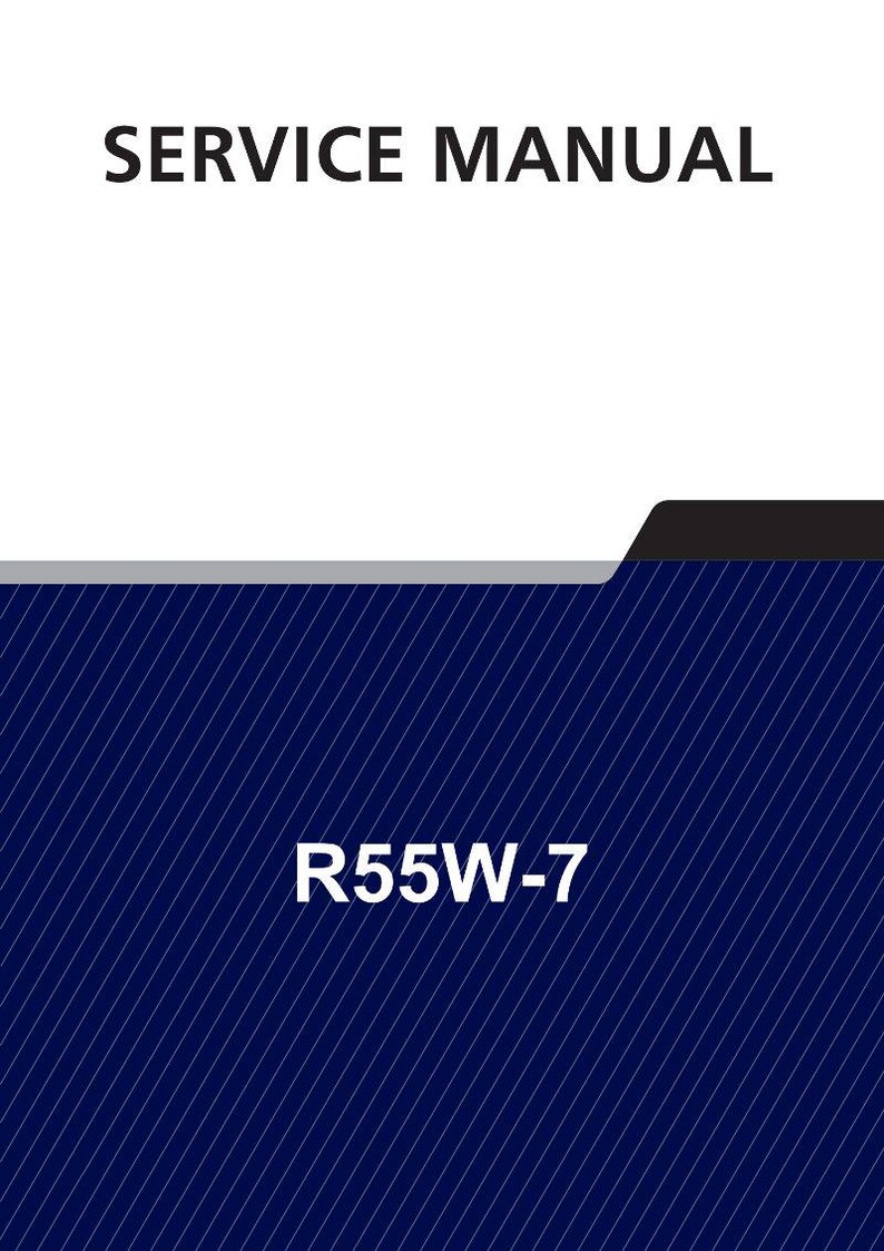 May include: A service manual with the text "SERVICE MANUAL" in bold, black letters at the top. The bottom section has the text "R55W-7" in white, with a dark blue background and diagonal white lines.