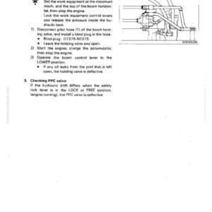 May include: A manual page with text and a diagram illustrating valve checking procedures. The text details steps for checking a boom holding valve and a PPC valve. The diagram depicts valve components. The page includes the text "K205P5" and "20-57".