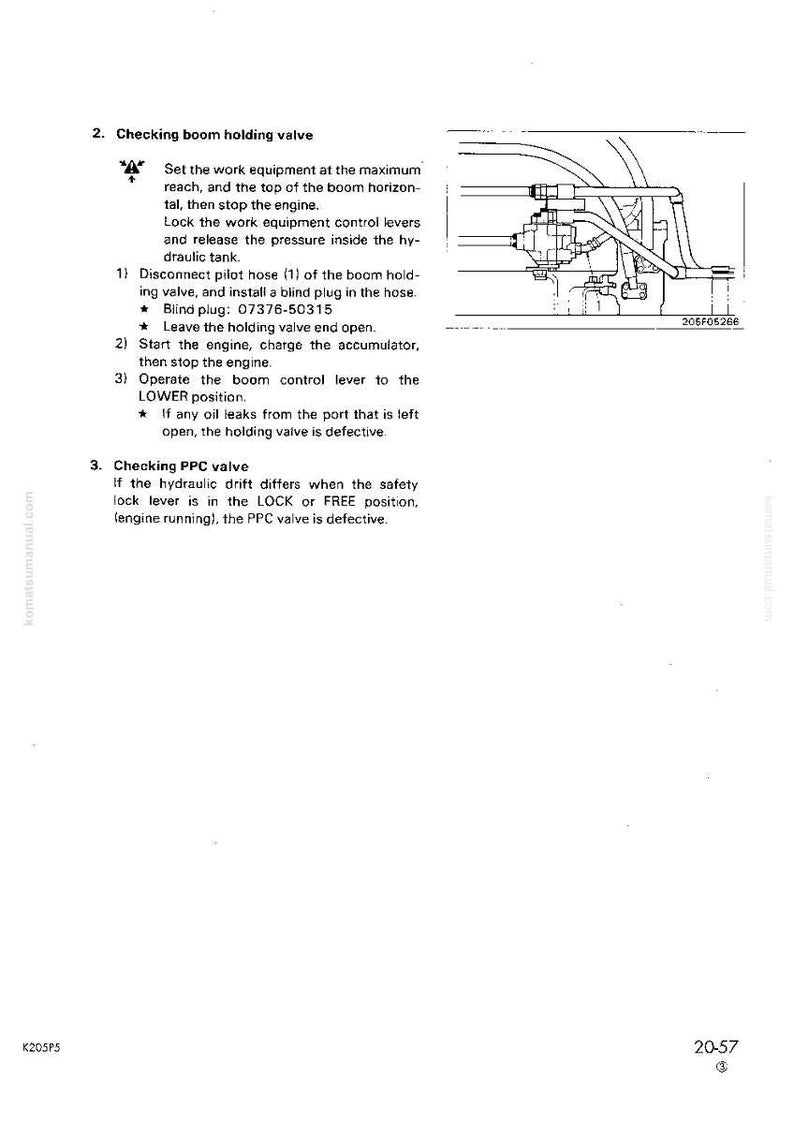 May include: A manual page with text and a diagram illustrating valve checking procedures. The text details steps for checking a boom holding valve and a PPC valve. The diagram depicts valve components. The page includes the text "K205P5" and "20-57".