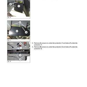May include: Diagram illustrating the removal of undercarriage protection. The image provides detailed views of the vehicle's undercarriage, with labels for screws and rubber covers. Text instructions guide the removal process, including loosening screws and removing straps.
