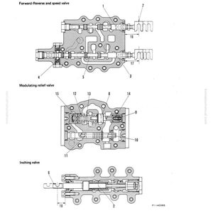 May include: Diagram of a transmission control valve, including forward-reverse and speed valve, modulating relief valve, and inching valve. The diagram is labeled with numbers and text, and is in black and white.