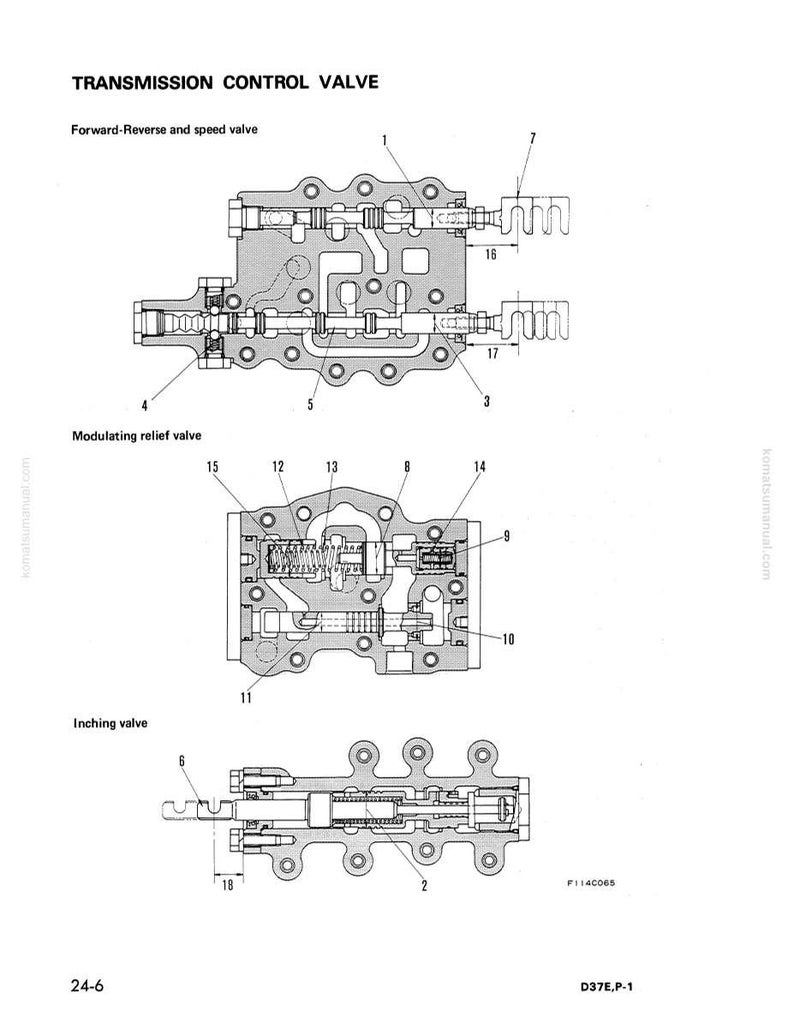 May include: Diagram of a transmission control valve, including forward-reverse and speed valve, modulating relief valve, and inching valve. The diagram is labeled with numbers and text, and is in black and white.