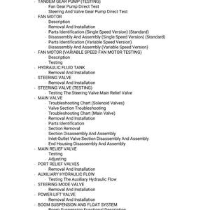 May include: A detailed list of mechanical procedures, including removal, installation, testing, and disassembly instructions. The text covers topics like gear pumps, fan motors, hydraulic fluid tanks, and steering valves. The document is in black text on a white background.