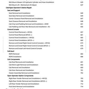 May include: A white page with a list of tractor repair and maintenance procedures, including removal and installation of various components. The text includes section titles like "Cab/Open Operator's Station Repair" and "Diagnostic Trouble Codes."