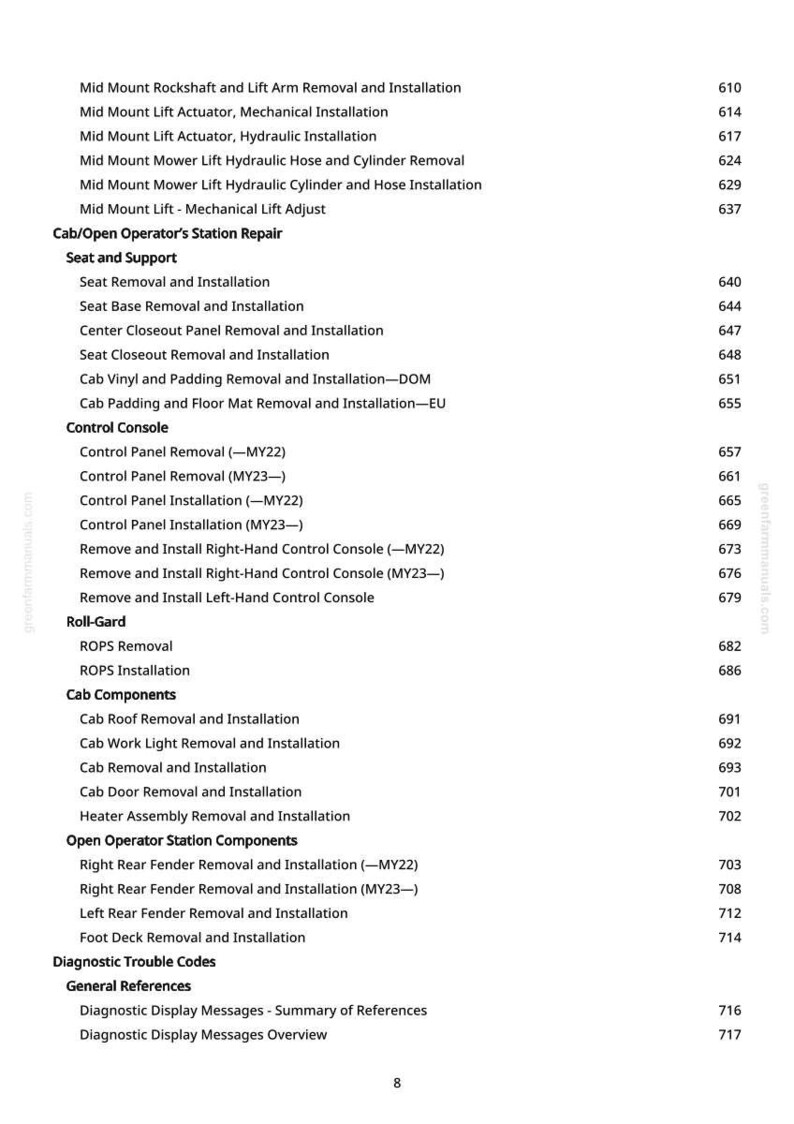 May include: A white page with a list of tractor repair and maintenance procedures, including removal and installation of various components. The text includes section titles like "Cab/Open Operator's Station Repair" and "Diagnostic Trouble Codes."