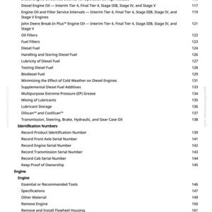 May include: A white page from a manual with a table of contents. The text includes topics like "Diesel Exhaust Fluid", "Engine Oil", and "Fuel Filters". Page numbers are listed on the right.