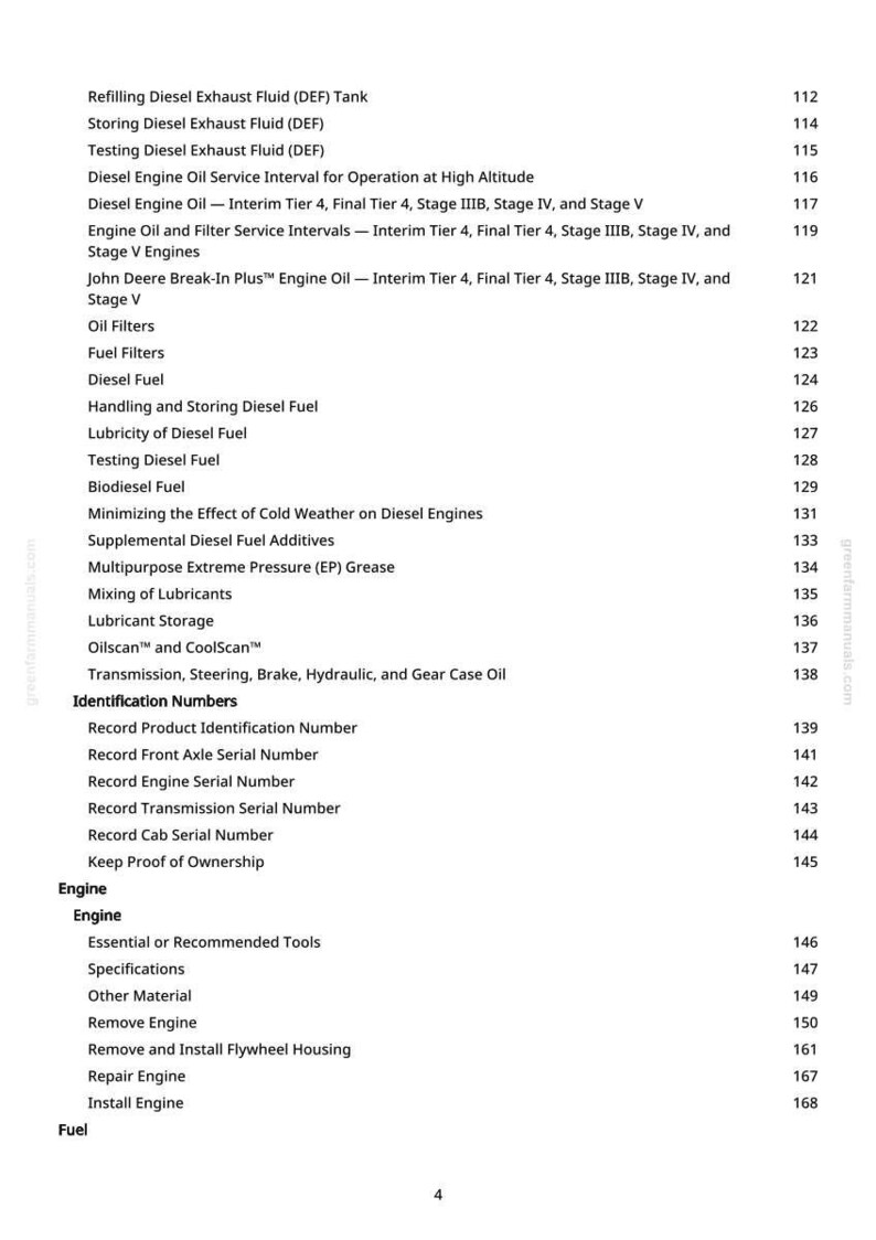 May include: A white page from a manual with a table of contents. The text includes topics like "Diesel Exhaust Fluid", "Engine Oil", and "Fuel Filters". Page numbers are listed on the right.