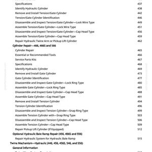 May include: A printed page from a manual, featuring a detailed table of contents for cylinder repair and related mechanisms. The text is black on a white background, with section titles and page numbers.