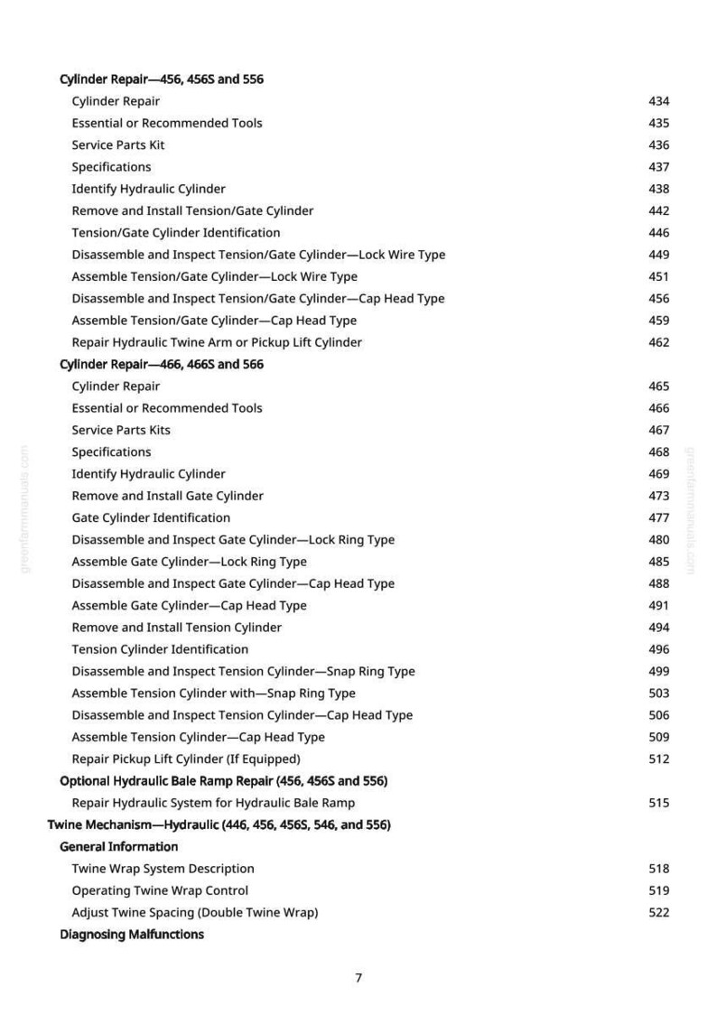 May include: A printed page from a manual, featuring a detailed table of contents for cylinder repair and related mechanisms. The text is black on a white background, with section titles and page numbers.