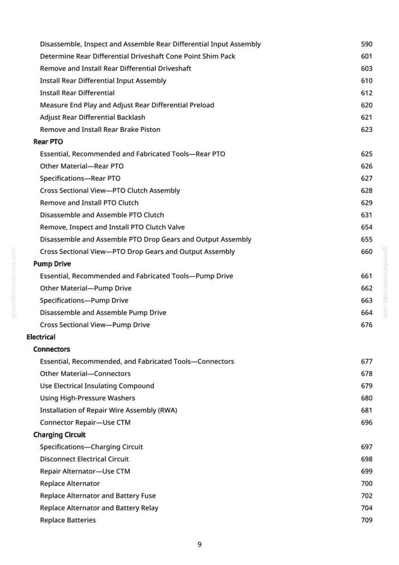Puede incluir: Una p&aacute;gina de un manual con una lista de procedimientos de reparaci&oacute;n de autom&oacute;viles. El texto incluye instrucciones para el diferencial trasero, la toma de fuerza, la transmisi&oacute;n de la bomba, los conectores el&eacute;ctricos y los componentes del circuito de carga. El n&uacute;mero de p&aacute;gina es 9.