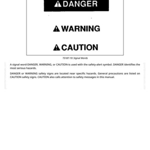 May include: A page from a manual titled "Understand Signal Words." The image displays three safety alert signal words: "DANGER," "WARNING," and "CAUTION." Each word is in bold, black text on a white background.
