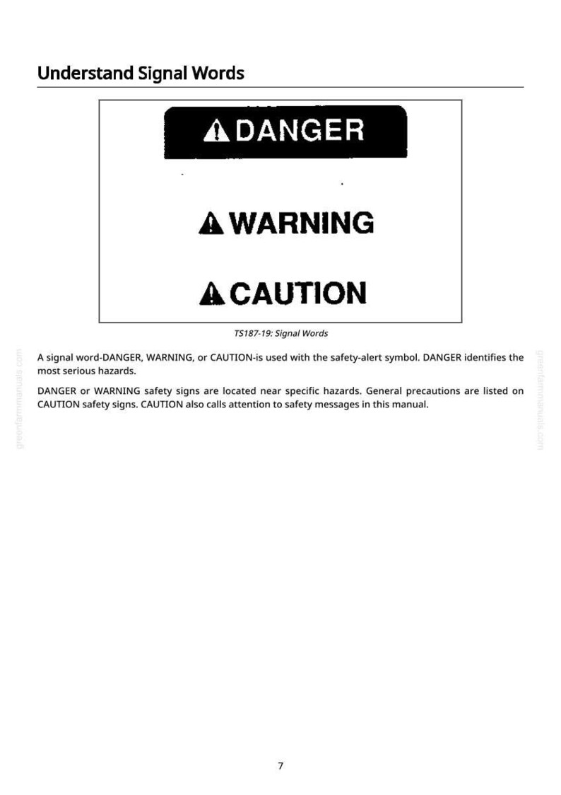 May include: A page from a manual titled "Understand Signal Words." The image displays three safety alert signal words: "DANGER," "WARNING," and "CAUTION." Each word is in bold, black text on a white background.