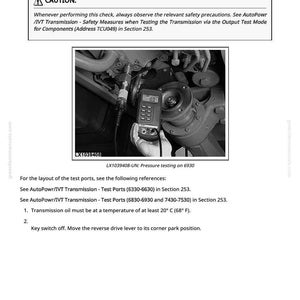 May include: Image from AutoPowr/IVT Transmission - C1 Clutch Test manual. A digital gauge displays a reading of 00 while testing the transmission. The text "CAUTION" and safety instructions are visible.