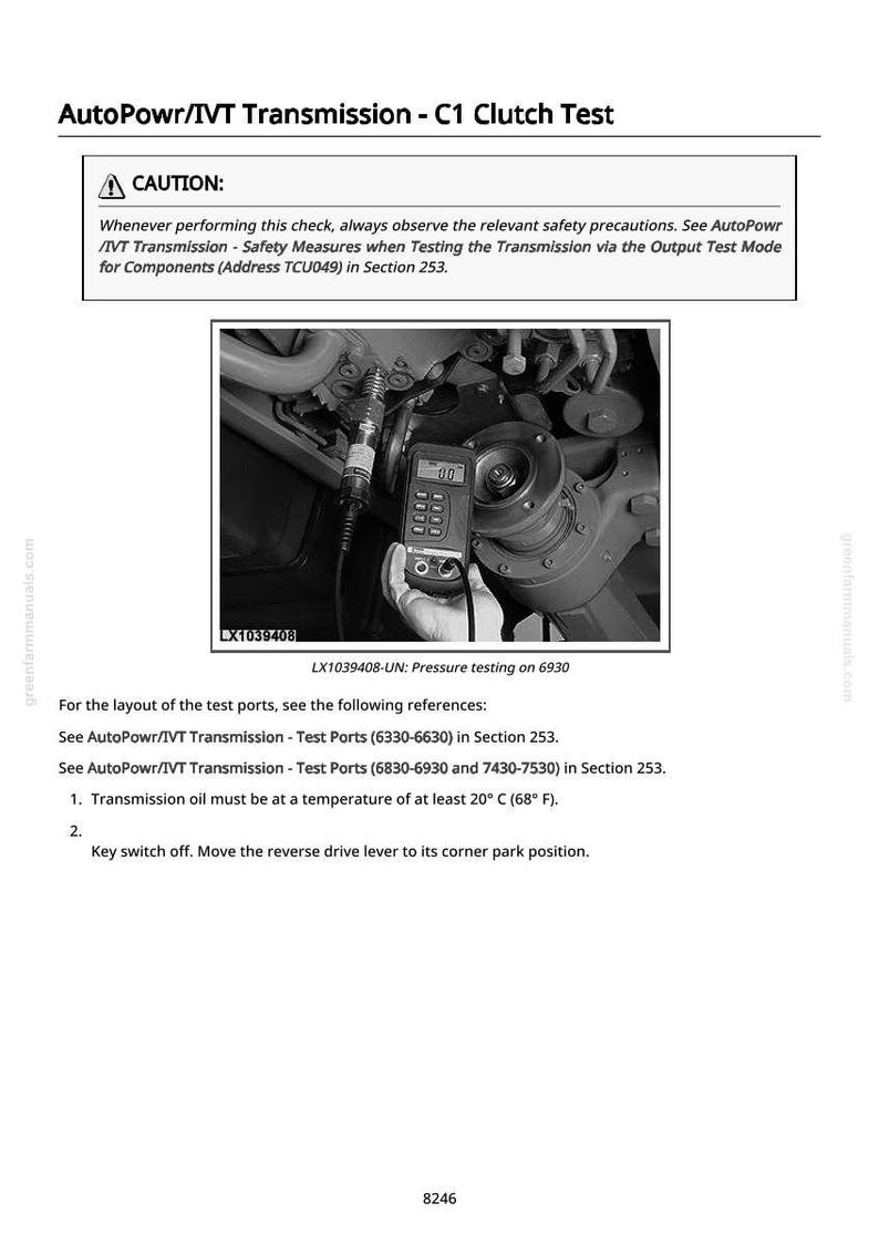 May include: Image from AutoPowr/IVT Transmission - C1 Clutch Test manual. A digital gauge displays a reading of 00 while testing the transmission. The text "CAUTION" and safety instructions are visible.