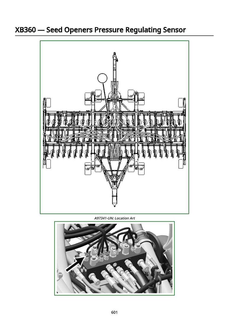 Puede incluir: Diagrama t&eacute;cnico de un sensor regulador de presi&oacute;n de abridor de semillas, etiquetado como "XB360". El diagrama es una ilustraci&oacute;n detallada de los componentes del sensor, con el texto "A97341-UN: Location Art" debajo. Tambi&eacute;n se muestra un primer plano de los componentes.