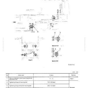 May include: Diagram of a transmission and engine mount, with detailed sections and labels. Includes a table with check items, criteria, and remedies. The text includes measurements in kgm.