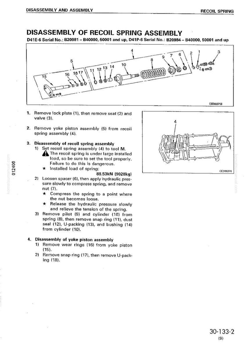 May include: Diagram of a recoil spring assembly with numbered parts and instructions for disassembly. Includes a detailed illustration of the assembly and its components, with measurements in kN and kg.