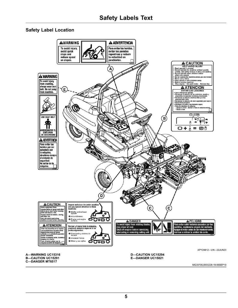 May include: An illustrated diagram of a riding lawn mower with safety labels. The labels include warnings about injury, seat belt use, and other safety precautions. The diagram also includes text such as "Safety Labels Text" and "Safety Label Location".