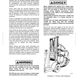 K&ouml;nnte beinhalten: Eine Seite aus einem Handbuch mit dem Titel "Reifen und Felgen" mit Sicherheitshinweisen und Anweisungen. Enth&auml;lt eine Abbildung eines Reifenhandhabers, einer Art Gabelstapler, und Text zur Reifenwartung und -sicherheit.